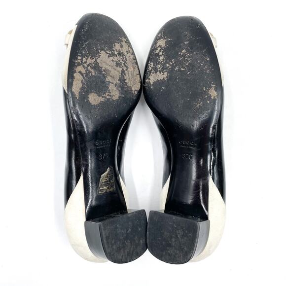 Gucci Patent Leather Pumps Black White Suede Bamboo Horsebit Low Heel Sz 37 / 7 - Picture 8 of 10